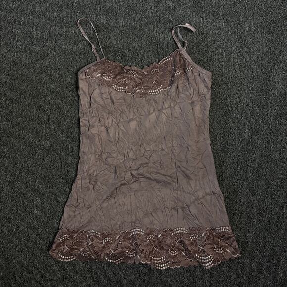 Vintage Tops - Vintage Y2k Maurices Brown Wrinkle Lace Sparkle Longline Cami Tank Top Small